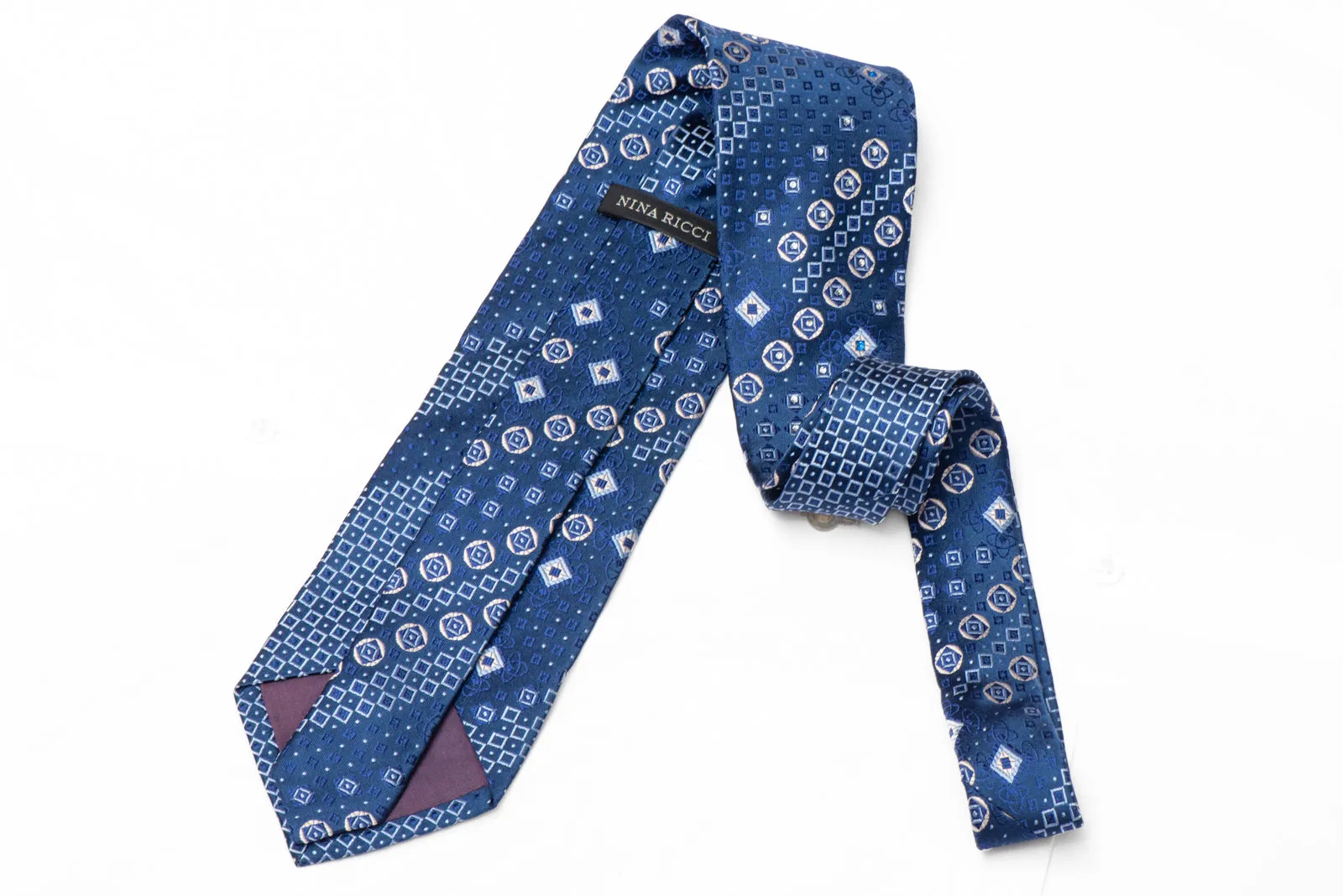 Silver Geometric On Blue Rhinestone Silk Necktie