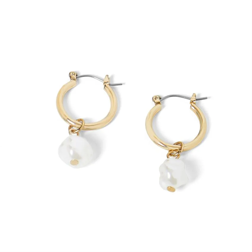 Small Gold Hoop with Pearl Dangle Earrings