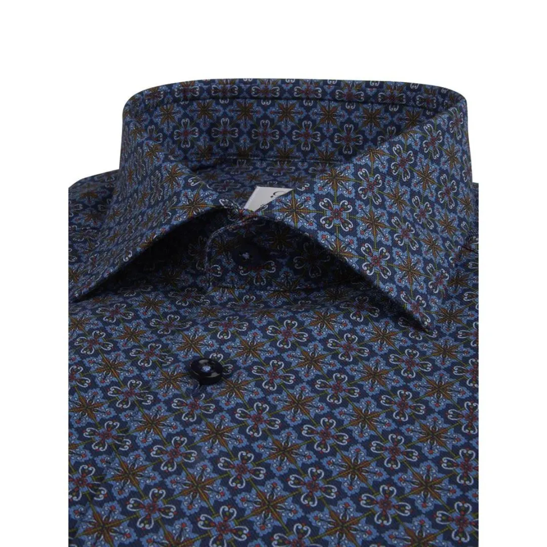 Stenstroms Navy Patterned Oxford Shirt - Super Slim