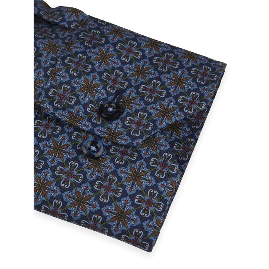 Stenstroms Navy Patterned Oxford Shirt - Super Slim