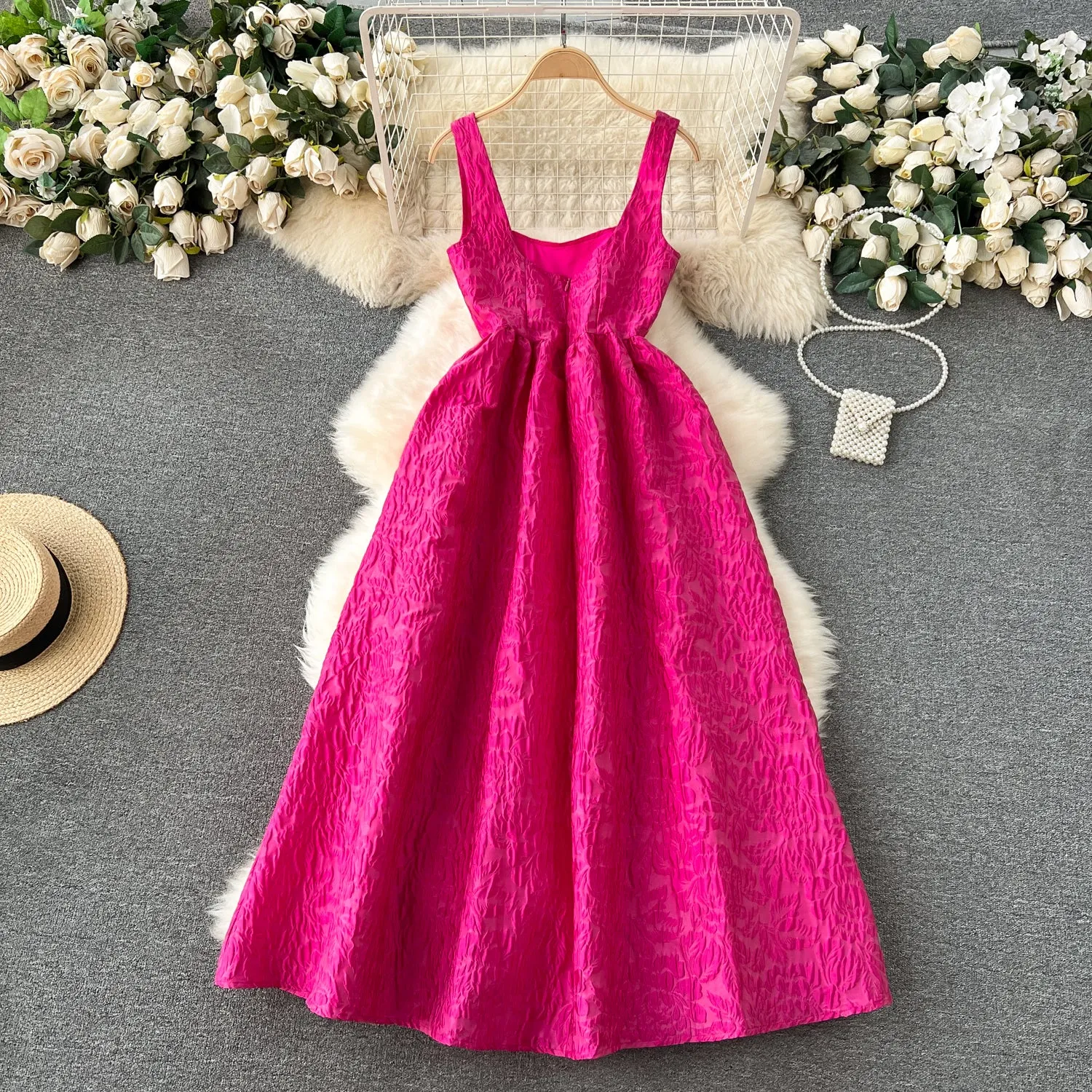 Textured Pattern Rose Red Slip Dress