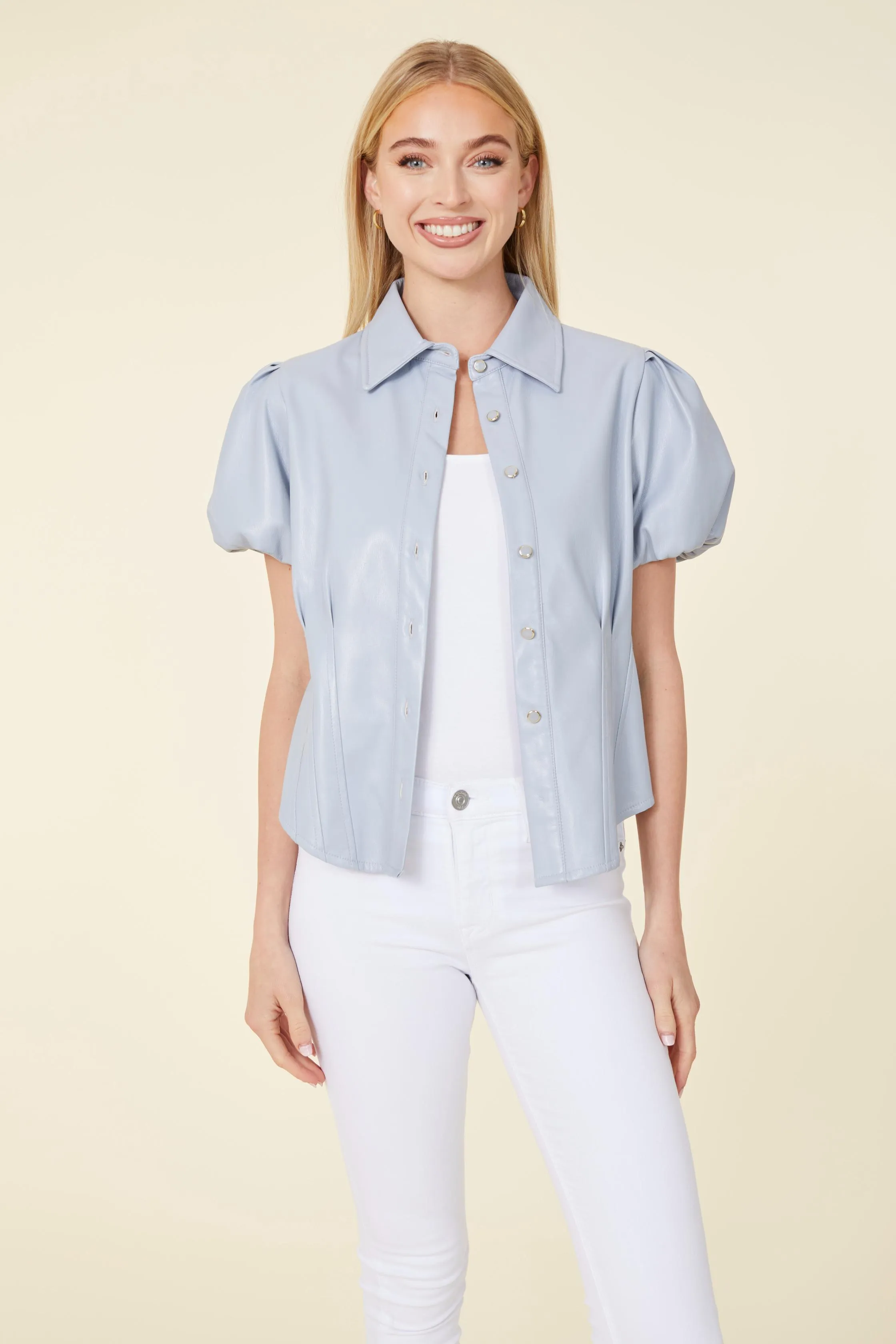 Vegan Leather Puff Shoulder Fitted Shirt