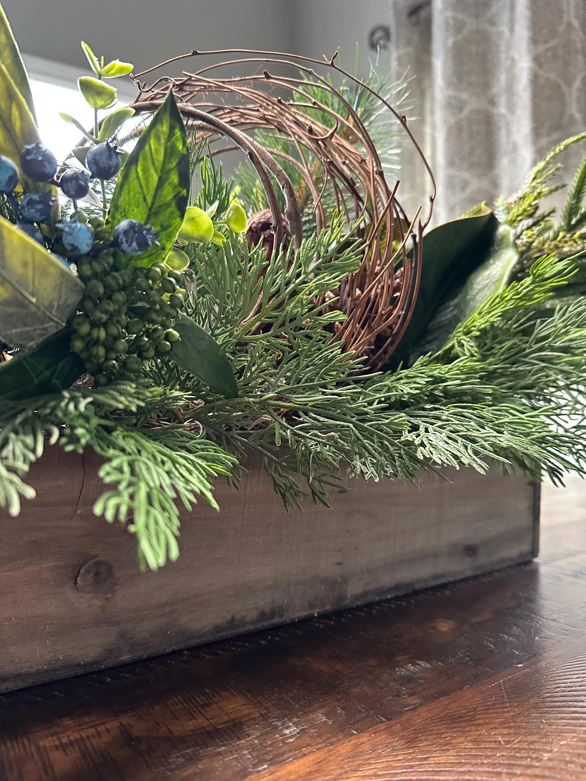 Winter Centerpiece with Rustic Wooden Box