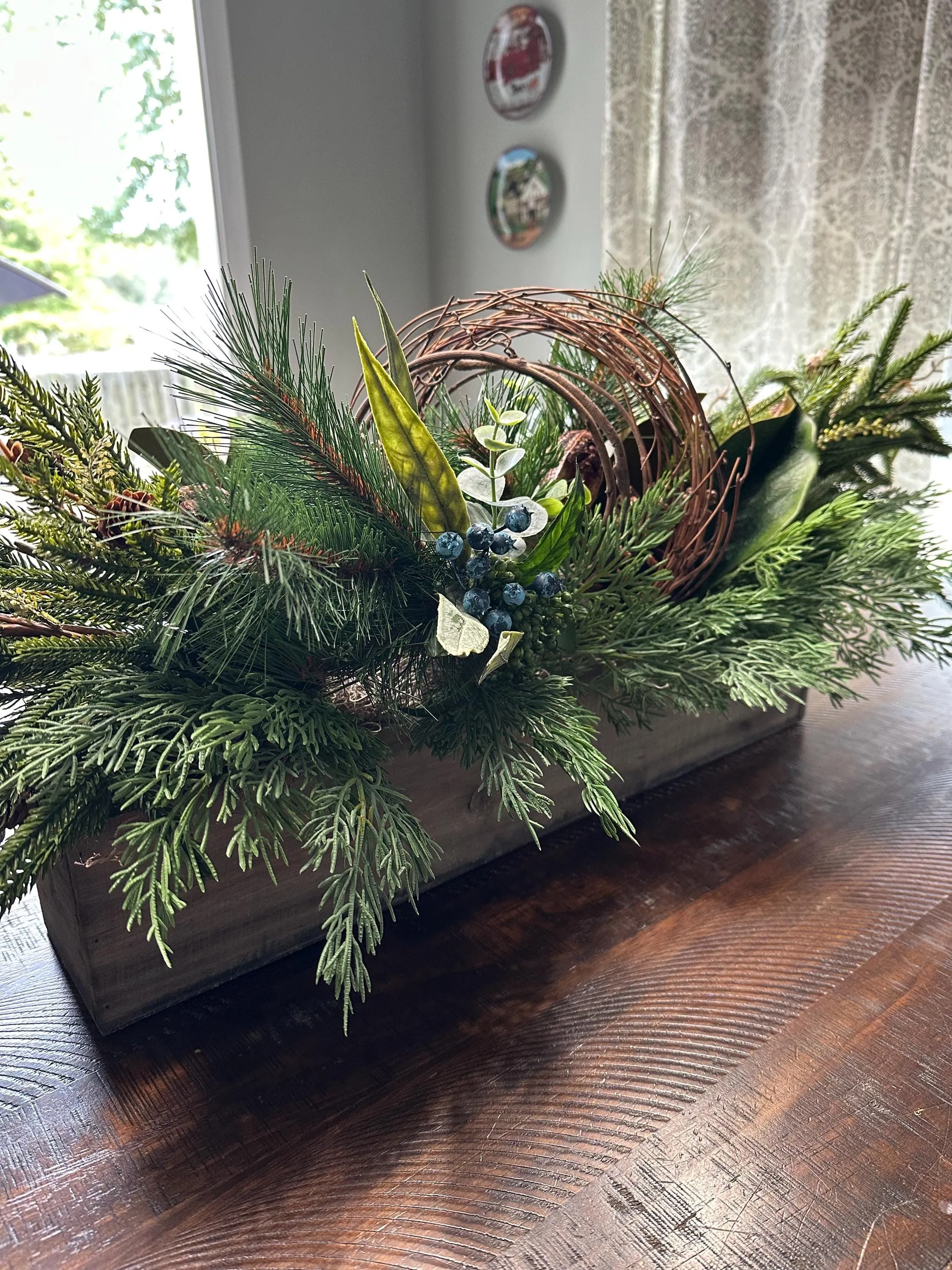 Winter Centerpiece with Rustic Wooden Box